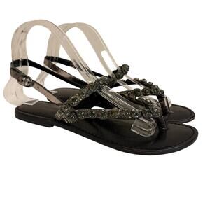 Cafe Noir Flat Sandals Womens 39 US 7.5 Black Leather Rhinestones Boho Summer